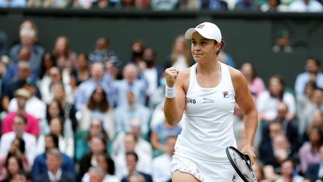 Ashleigh Barty reacts during the women's singles final with Karolina Pliskova of the Czech Republic at Wimbledon tennis Championship in London, Britain, on July 10, 2021. Picture: Han Yan/Xinhua via Getty Images.