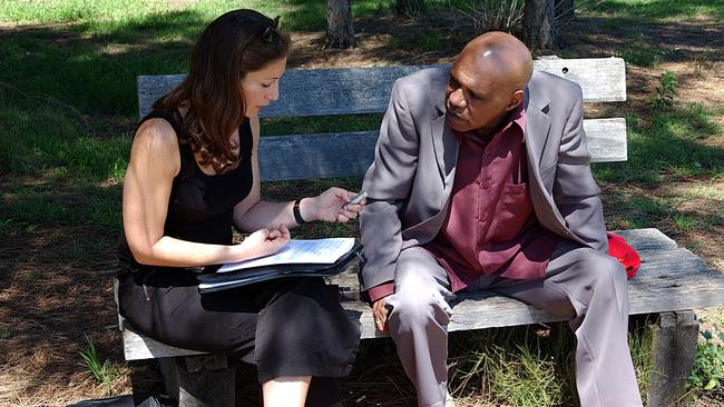 Australian journalist and author Debbie Kruger, interviewing Australian singer-songwriter Archie Roach in Sydney for her book. Picture: Bob King