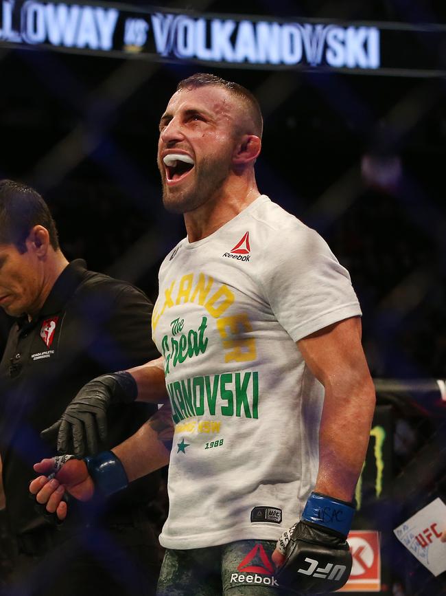 Volkanovski after winning the title. Picture: Richard Dobson