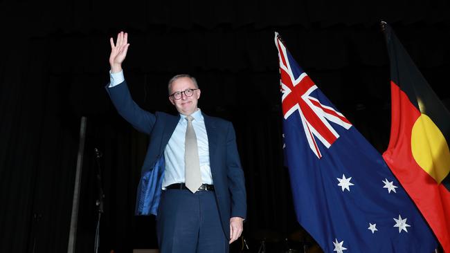 Prime Minister Anthony Albanese takes to the stage to talk to his adoring supporters at a civic reception at Marrickville Town Hall. John Feder/The Australian.