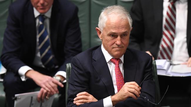 Australian Prime Minister Malcolm Turnbull reacts during House of Representatives Question Time at Parliament House in Canberra, Wednesday, May 23, 2018. (AAP Image/Lukas Coch) NO ARCHIVING