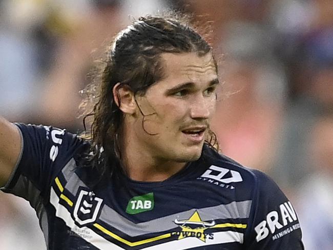 TOWNSVILLE, AUSTRALIA - MARCH 18: Tom Chester of the Cowboys gestures during the round three NRL match between North Queensland Cowboys and New Zealand Warriors at Qld Country Bank Stadium on March 18, 2023 in Townsville, Australia. (Photo by Ian Hitchcock/Getty Images)