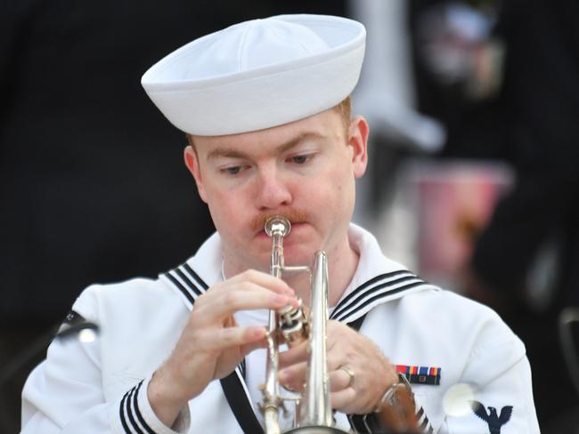 Dawn Service at Anzac Park for 83rd commemoration of Battle of Coral Sea. US Seventh Fleet Band member Musician 2nd Class Joseph Beaver. Picture: Evan Morgan