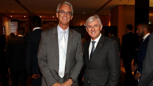 The men who run the FFA, CEO David Gallop and chairman Steven Lowy, share considerable influence over the sport in Australia. Picture: Getty Images