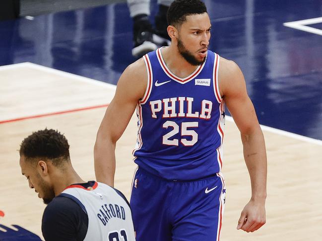 WASHINGTON, DC - MAY 31: Ben Simmons #25 of the Philadelphia 76ers celebrates during the first quarter against the Washington Wizards during Game Four of the Eastern Conference first round series at Capital One Arena on May 31, 2021 in Washington, DC. NOTE TO USER: User expressly acknowledges and agrees that, by downloading and or using this photograph, User is consenting to the terms and conditions of the Getty Images License Agreement.   Tim Nwachukwu/Getty Images/AFP == FOR NEWSPAPERS, INTERNET, TELCOS & TELEVISION USE ONLY ==