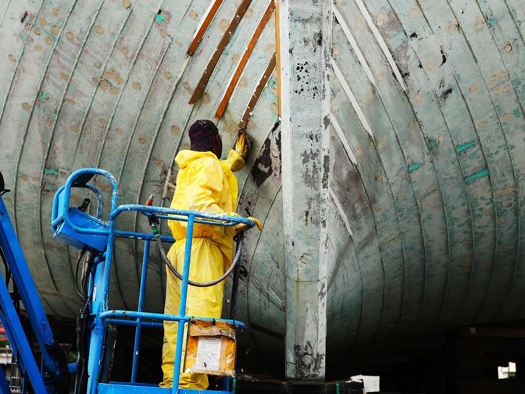 Endeavour dry dock in progress, preparing the hull for painting Ð Captain John Dikkenberg. Endeavour undergoing renovations at the Sydney City Marine dry dock in Rozelle, under the ANZAC bridge.