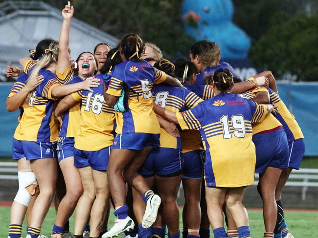 The Cairns Kangaroos celebrate winning the Far North Queensland Rugby League (FNQRL) women's grand final match against the Atherton Roosters at Barlow Park. Picture: Brendan Radke