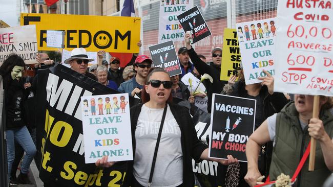 “Freedom” protesters march through the streets of Adelaide last month. Picture: Emma Brasier