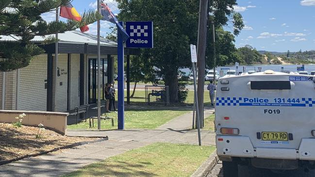 Forster Police Station in the foreground with the courthouse and the lake behind.