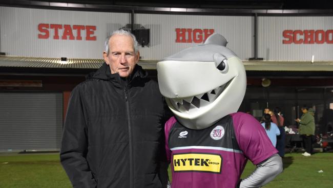 Wayne Bennett with the Marsden SHS mascot. Pic: Kimberley Chadburn.