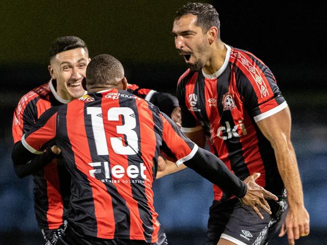 Altona Magic celebrates a goal against Heidelberg United. Picture: MP Images