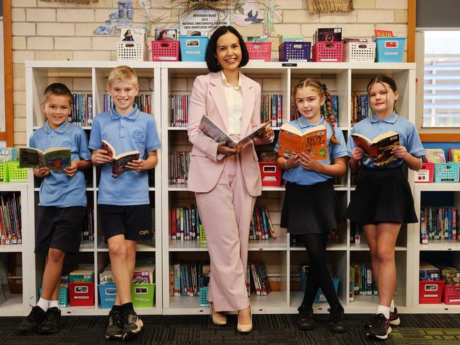 Camden South Public School students Levi Twiss 8, Thomas Hazelton 10, Isabella Domanski 8, and Bailey Ooi 10 with Deputy Premier and Education Minister Prue Car. Picture: Rohan Kelly