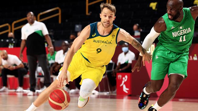 Former Ipswich Force, Brisbane Bullets and Australian basketballer Nathan Sobey in action during the Australia v Nigeria game at the Tokyo 2020 Olympics. Picture: Adam Head