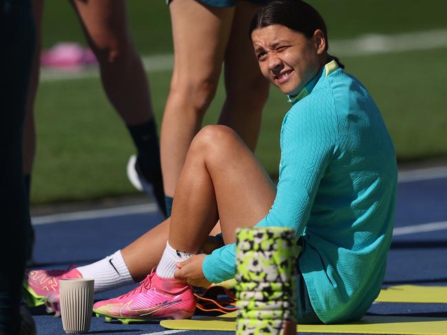 Sam Kerr in her electric pink boots at Matildas training in Brisbane. Picture: Chris Hyde/Getty Images