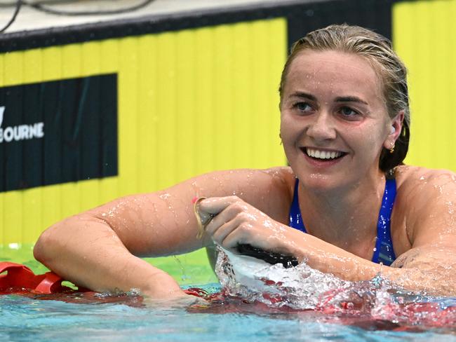 MELBOURNE, AUSTRALIA - JUNE 13: Ariarne Titmus of Australia smiles after winning the Women's 400m Freestyle Finalduring day one of the Australian 2023 World Swimming Championship Trials at Melbourne Sports and Aquatic Centre on June 13, 2023 in Melbourne, Australia. (Photo by Quinn Rooney/Getty Images)