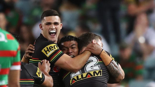 Penrith's Nathan Cleary celebrates a try by Penrith's Brian To'o during the Penrith v South Sydney NRL Final at ANZ Stadium, Homebush. Picture: Brett Costello