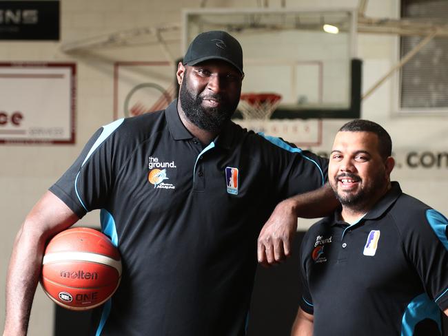 Nate Jawai pictured with his former teammate Kerry Williams. Picture: Brendan Radke