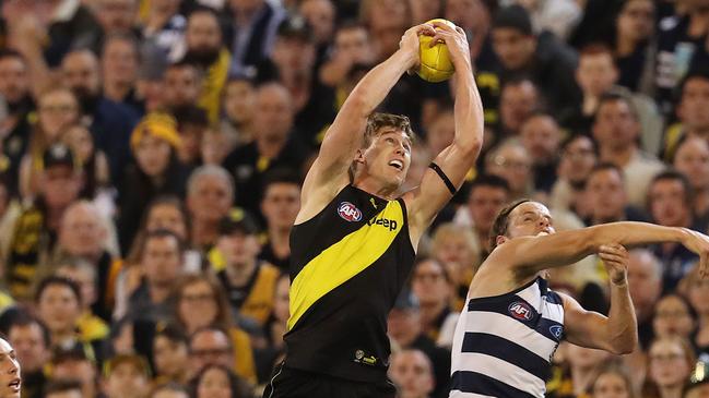 Tom Lynch led Richmond past Geelong in the preliminary final with a commanding aerial display. Picture: Michael Klein.