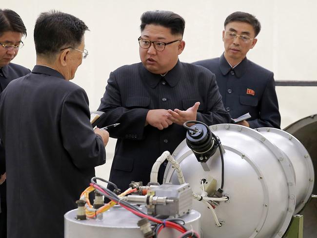 Kim Jong Un at an undisclosed location in North Korea with a reported H-bomb. Picture: AP