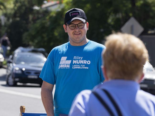 Macarthur Liberal candidate Riley Munro campaigning on state election day. Picture: Matthew Vasilescu