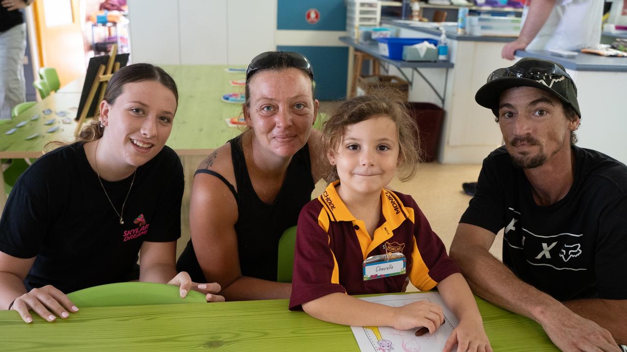 Chloe-Jane Bryan, Jess Lambert, Chevelle Bryan and Jade Bryan on the first day of school at Monkland State School. January 22, 2024. Picture: Christine Schindler