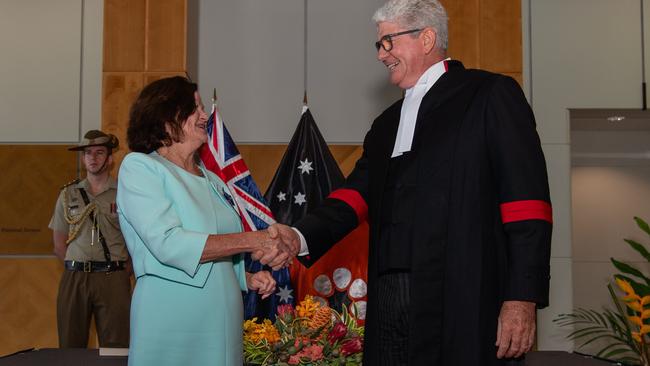 Deputy of the NT Administrator Fran Kilgariff and Chief Justice Michael Grant AO at the swearing in ceremony of the Deputy of the Administrator, Ms Fran Kilgariff AM. Picture: Pema Tamang Pakhrin