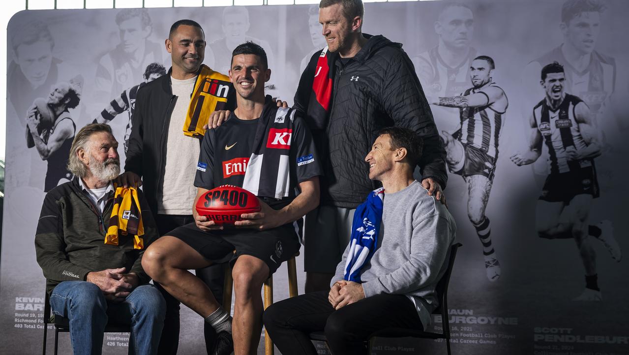 MELBOURNE, AUSTRALIA - JULY 31: 400 game players (L-R) Michael Tuck, Shaun Burgoyne, Scott Pendlebury, Dustin Fletcher and Brent Harvey (Kevin Bartlett absent) chat during a media opportunity at AIA Centre on July 31, 2024 in Melbourne, Australia. Scott Pendlebury is due to play his 400th AFL game this Saturday night. (Photo by Daniel Pockett/Getty Images)