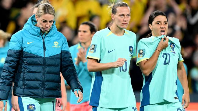 Sam Kerr (R) and teammates after the loss to Sweden. Picture: Getty Images