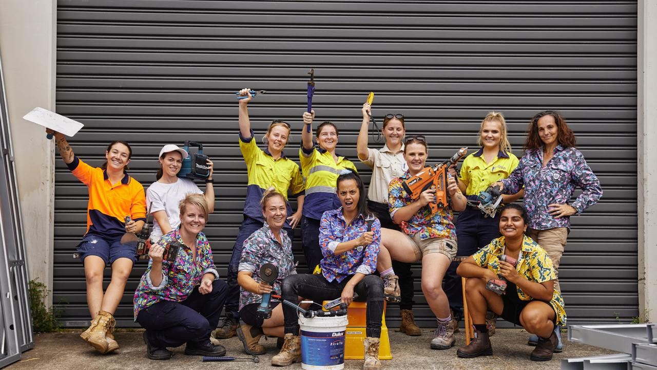 From left, back row: Plasterer Shannen Box, painter Jasmine Bullock, electrician Becky Fisher, plumber Kathryn Worth, refrigeration mechanic Natasha Kirchner, carpenter Rachael Price, plumber Jasmine Turnball, carpenter joiner Radmila Desic, NAWIC project officer Ruth Gunasleen. Front row: Plumber Carlie Low, plumber Rachael Keiley and plumber Toni Hillman. Picture: National Association of Women In Construction