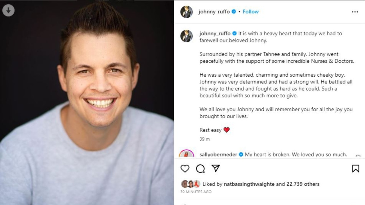 The Instagram post announcing Johnny Ruffo’s passing. Picture: Instagram.com/johnny_ruffo/