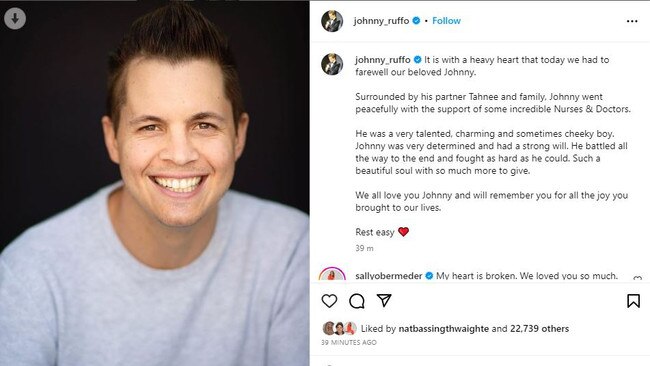 The Instagram post announcing Johnny Ruffo’s passing. Picture: Instagram.com/johnny_ruffo/