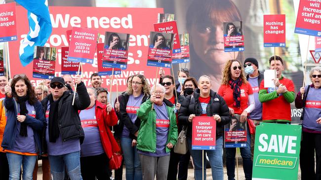 Geelong Trades Hall Council, together with Victorian Trades Hall Council and the ANMF hosted a community rally to fix aged care opposite Mercy Place Rice Village. Picture: Alison Wynd