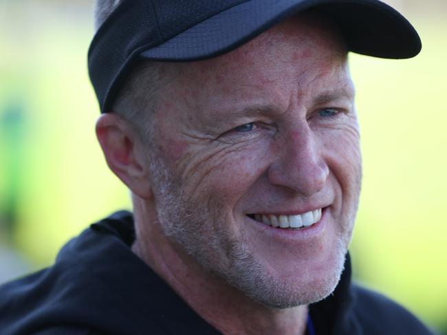 ADELAIDE, AUSTRALIA - APRIL 13: Coach Damien Hardwick speaks to the media during a Richmond Tigers AFL training session at Glenelg Oval on April 13, 2023 in Adelaide, Australia. (Photo by Kelly Barnes/Getty Images)