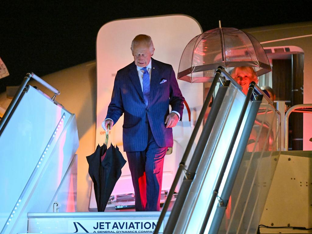 King Charles III and Queen Camilla disembark their aeroplane as they arrive at Sydney Airport. Picture: Getty