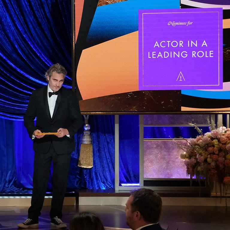 It was left to presenter Joaquin Phoenix to accept Hopkins’ award and awkwardly close the whole show. Picture: Getty