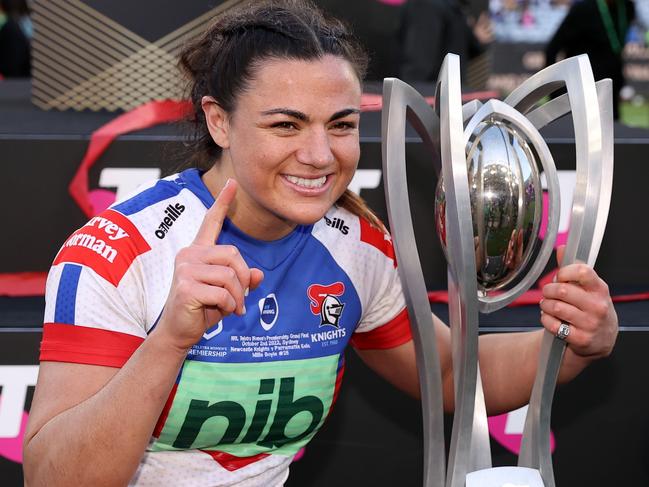 SYDNEY, AUSTRALIA - OCTOBER 02: Millie Boyle of the Knights holds the NRLW Premiership Trophy after victory in the 2022 NRLW Grand Final match between Newcastle Knights and Parramatta Eels at Accor Stadium, on October 02, 2022, in Sydney, Australia. (Photo by Cameron Spencer/Getty Images)