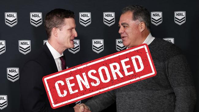 The image that West Australian league fans were not allowed to see: (L-R) Bears CEO Anthony De Ceglie shakes hands with new coach Mal Meninga.
