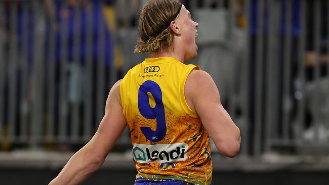 PERTH, AUSTRALIA - MAY 19: Harley Reid of the Eagles celebrates after scoring a goal during the 2024 AFL Round 10 match between Waalitj Marawar (West Coast Eagles) and Narrm (Melbourne Demons) at Optus Stadium on May 19, 2024 in Perth, Australia. (Photo by Will Russell/AFL Photos via Getty Images)