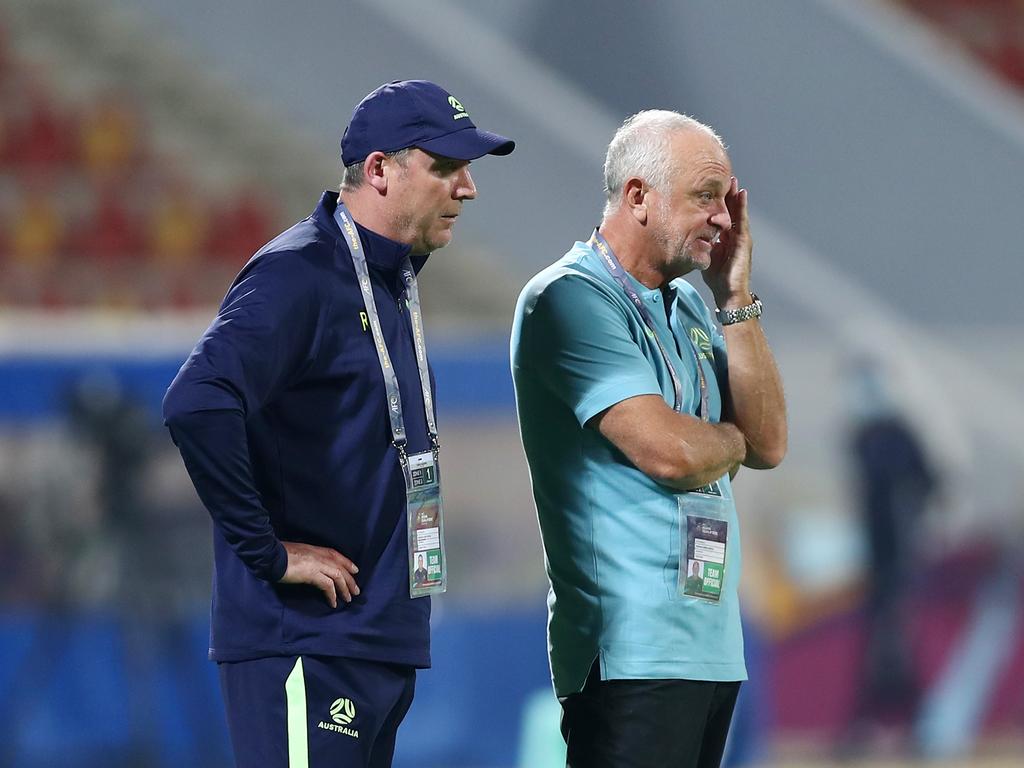 Arnold had to delegate ‘watching duty’ to his assistant coach Rene Meulensteen as the Socceroos took their penalties. Picture: Adil Al Naimi/Getty Images