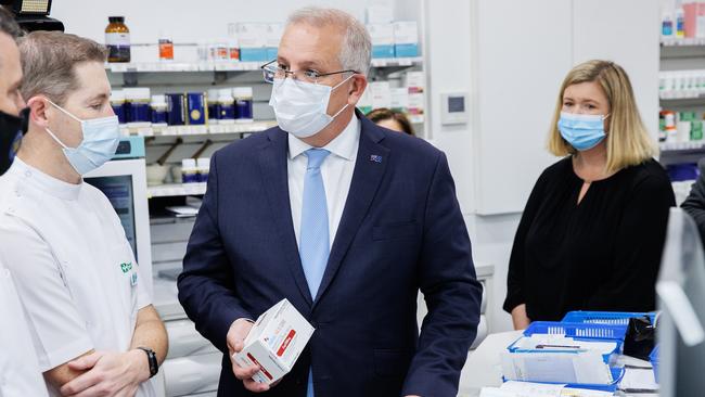 Prime Minister Scott Morrison in a visit to Terry White Chemmart Pharmacy in Mowbray announcing a re-elected Morrison Government will cut the price of medications listed on the Pharmaceuitcal Benefit Scheme (PBS). Picture: Jason Edwards