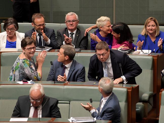 Independents applaud: L-R: Cathy McGowan, Adam Bandt, Andrew Wilkie, Kerryn Phelps, Julia Banks and Rebekha Sharkie celebrate passing the Medevac Bill. Picture: Getty