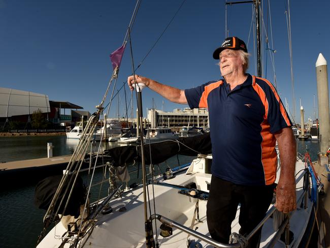 Jim Finch on hos yacht Warragal at the Townsville Yacht Club. Picture: Evan Morgan