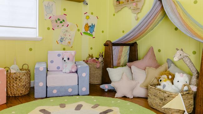 Bluey and Bingo’s playroom has been painstakingly recreated in the iconic Heeler Family home right down to their kiwi rug. Picture: Hannah Puechmarin