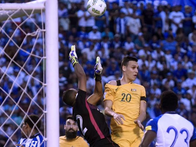 Honduran goalkeeper Donis Escober clears a Socceroos attack. Picture: AFP