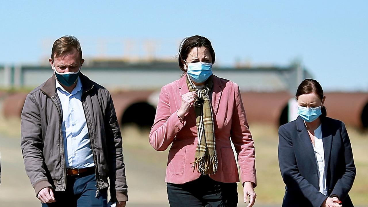 Queensland Premier Annastacia Palaszczuk announcing the Wellcamp quarantine hub in August 2021, with Deputy Premier Steven Miles and Health Minister Yvette D'Ath. Picture: Jack Tran