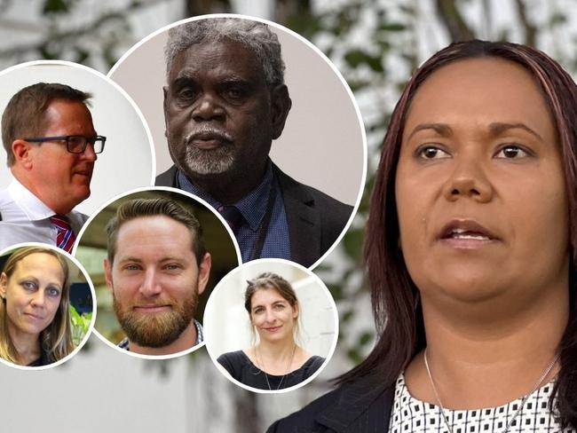 NT Opposition Leader Selena Uibo, main, with Yingiya Mark Guyula, clockwise from top,  NAAJA acting chief executive Anthony Beven, Children's Commissioner  Shahleena Musk, NT Mental Health Coalition chief executive Geoff Radford and Justice Reform Initiative executive director Mindy Sotiri.