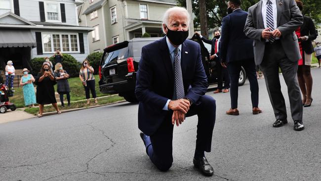 The presumptive Democratic presidential nominee Joe Biden stops in front of his childhood home in Scranton, Pennsylvania. Picture: Getty Images