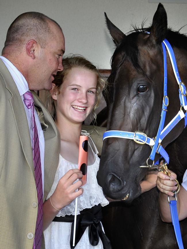 Breann Moody with her dad, Peter, and the great Black Caviar after the champion’s ninth win, in the Lightning Stakes in 2011.