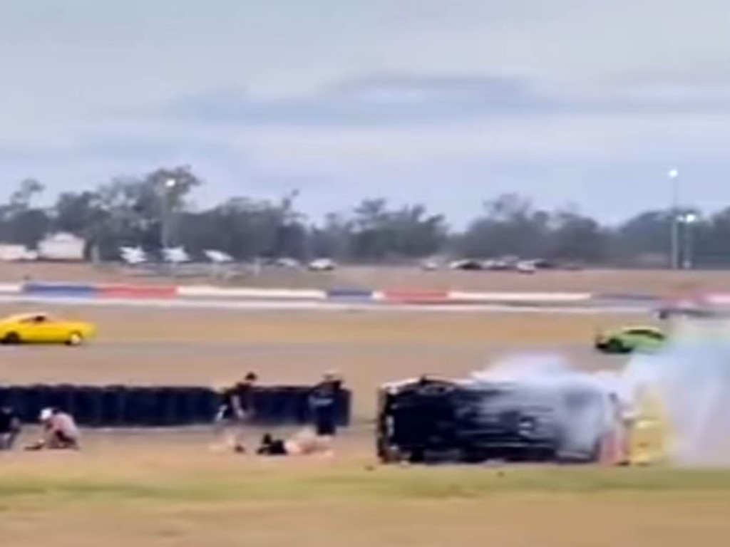 The horror aftermath of a car rollover at Queensland Raceway. Picture: Supplied