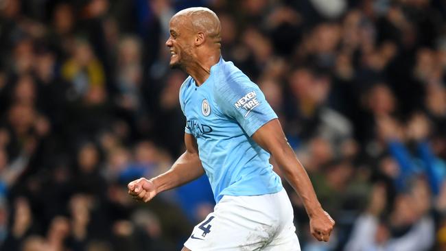 Vincent Kompany celebrates after scoring for Manchester City against Leicester. Picture: Getty Images